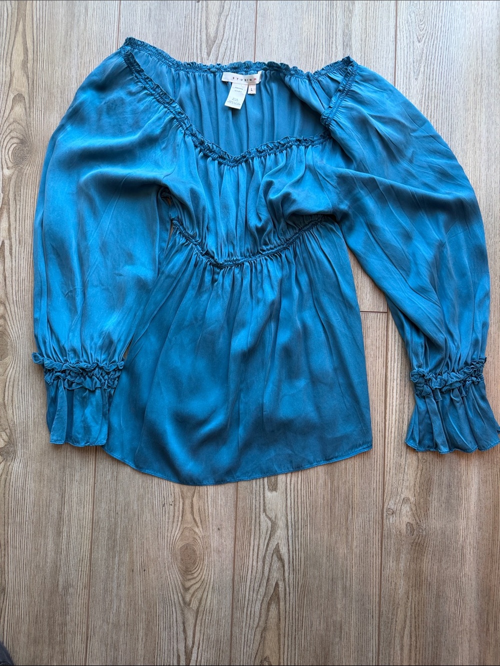 Studio M Teal Satin Peasant Blouse